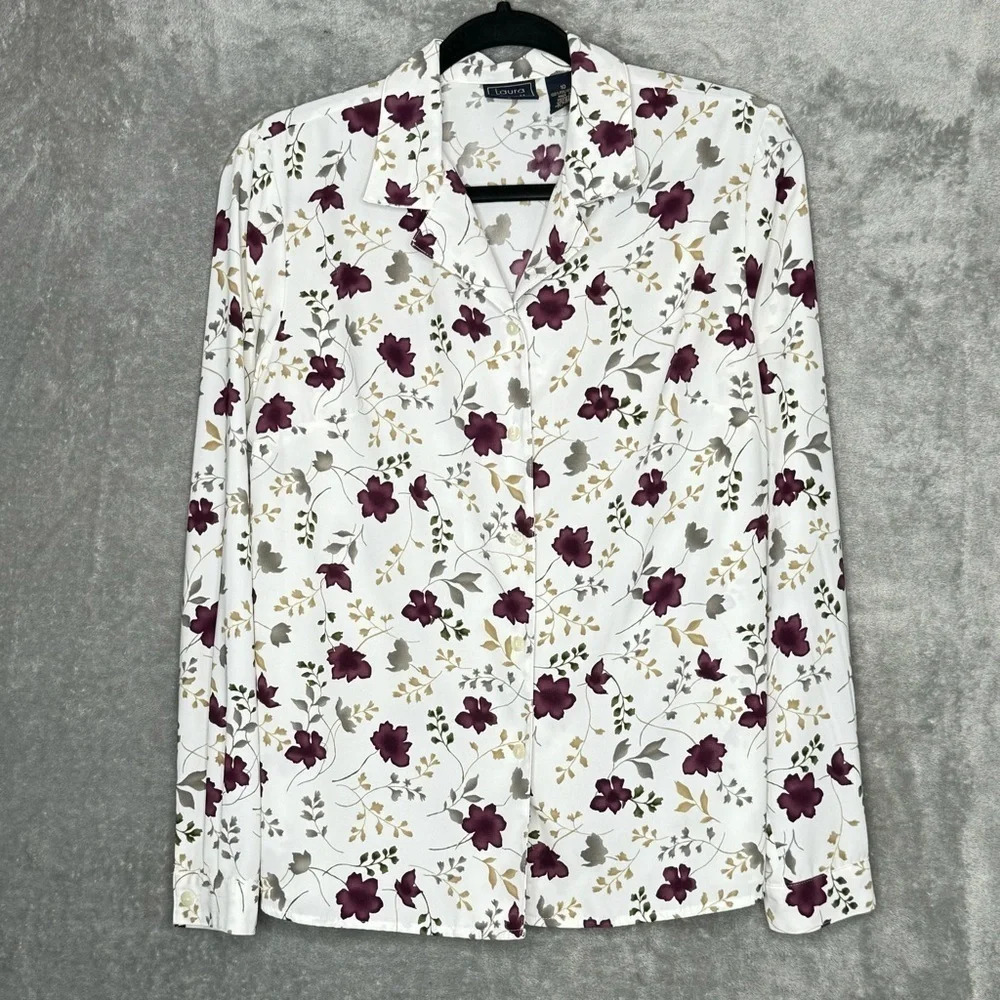 Laura Scott 10 Medium Shirt Top White Floral Long Sleeve V Neck Button Up Women